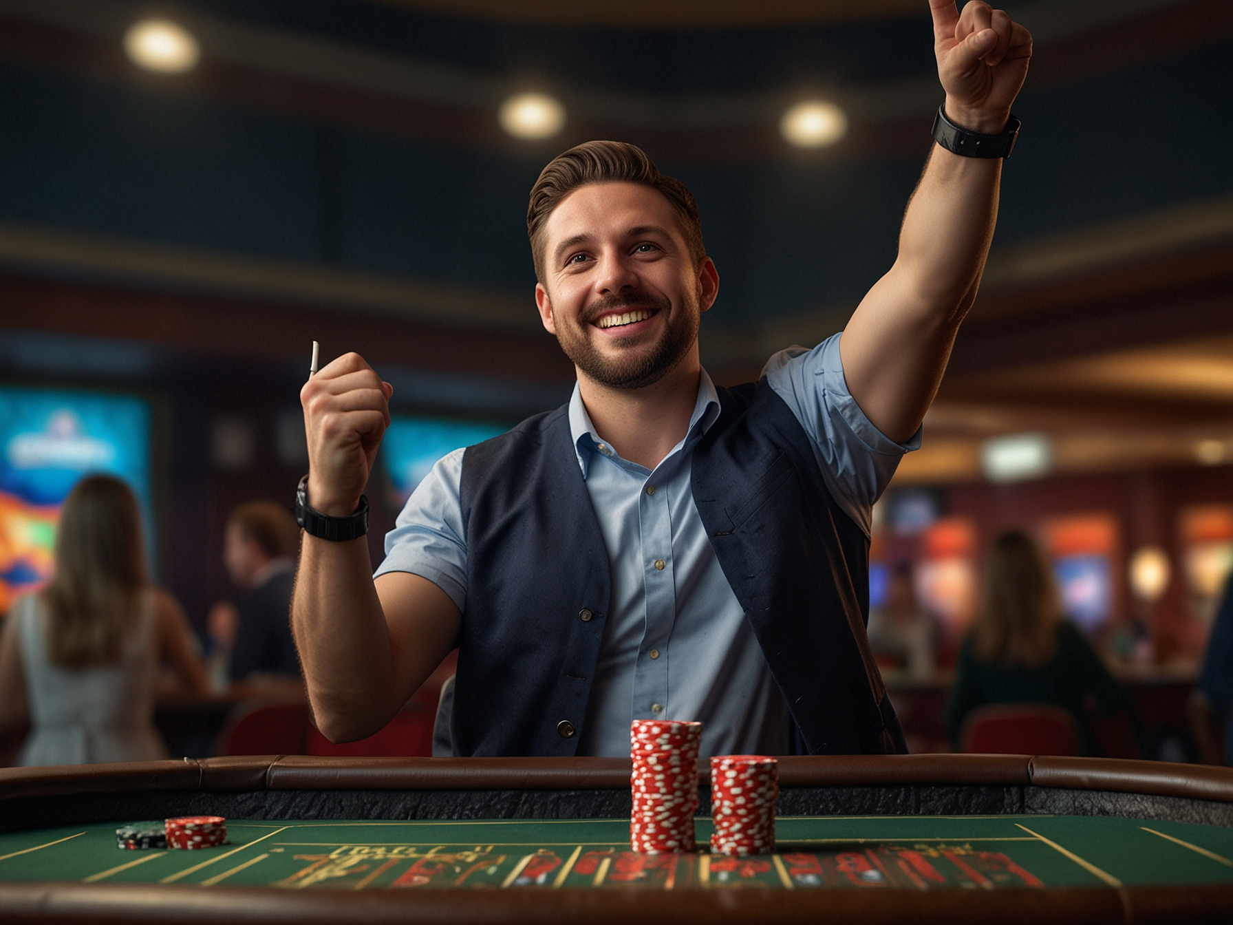 Excited player celebrating win at casino table